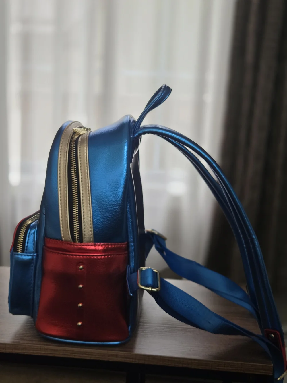 NWOT, Marvel Captain Marvel Metallic Mini Backpack - Blue/Red/Gold